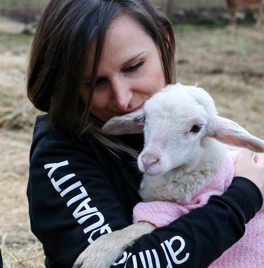 Animal Equality volunteer with rescued lamb