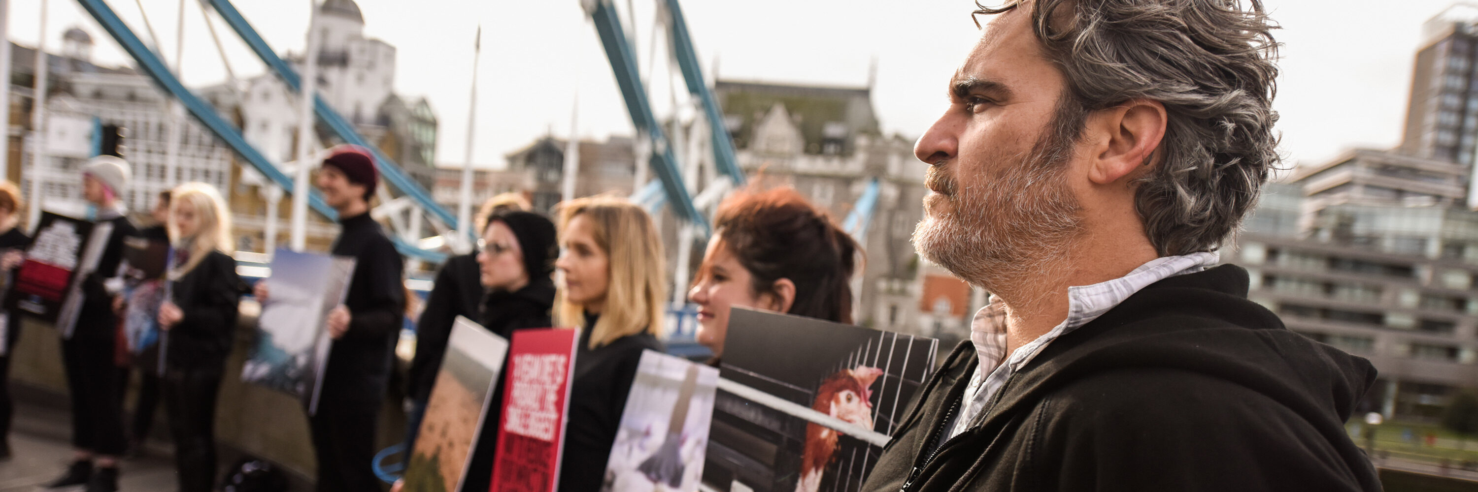 Joaquin Phoenix protests animal cruelty with Animal Equality supporters in London