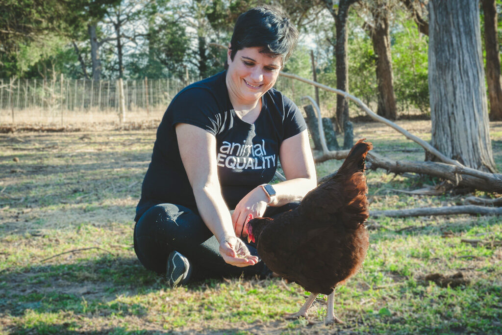 President Sharon Núñez visiting a farmed animal sanctuary in Austin, Texas.