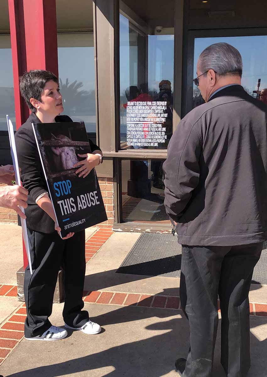 230205 dennys protest crates pigs gestation campaign sharon speaking with customer 850x1200 1 Animal Equality Stands Up for Pregnant Pigs