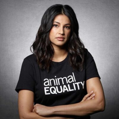 Richa Moorjani wearing black Animal Equality shirt