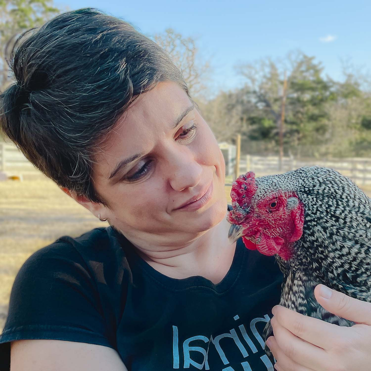 Sharon holding chicken