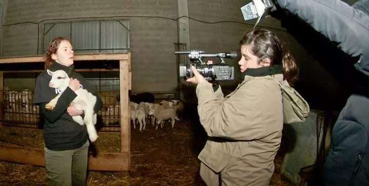 Sharon Núñez, Animal Equality's President, filming an animal protector rescuing a lamb from a factory farm.