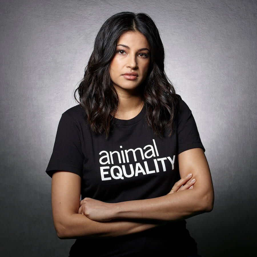 Richa Moorjani wearing an Animal Equality shirt.