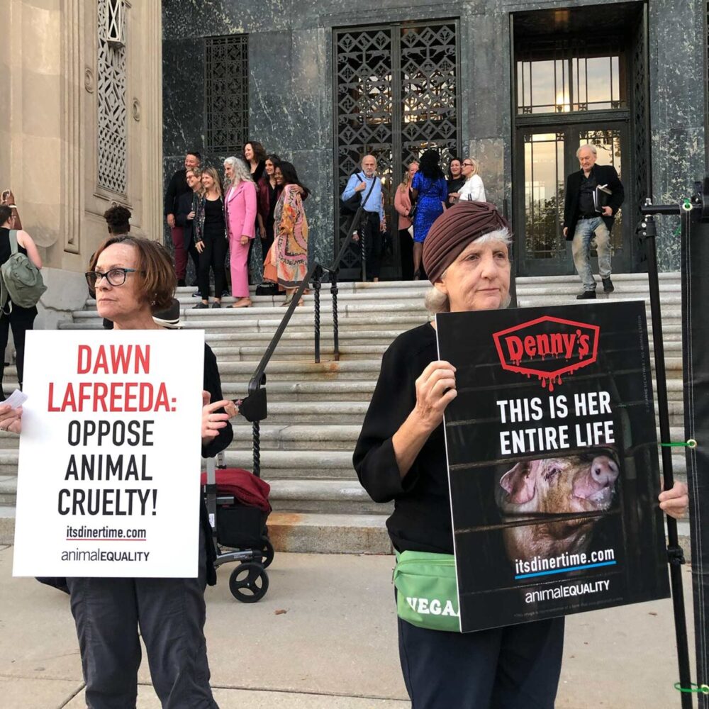 Denny's protest in front of Dawn Lafreeda's premiere