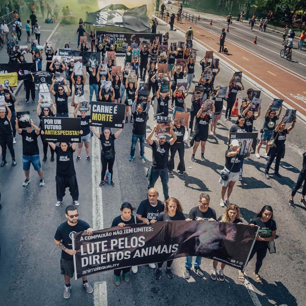 Volunteers with posters and banners during the International Animal Rights Day protest in Brazil