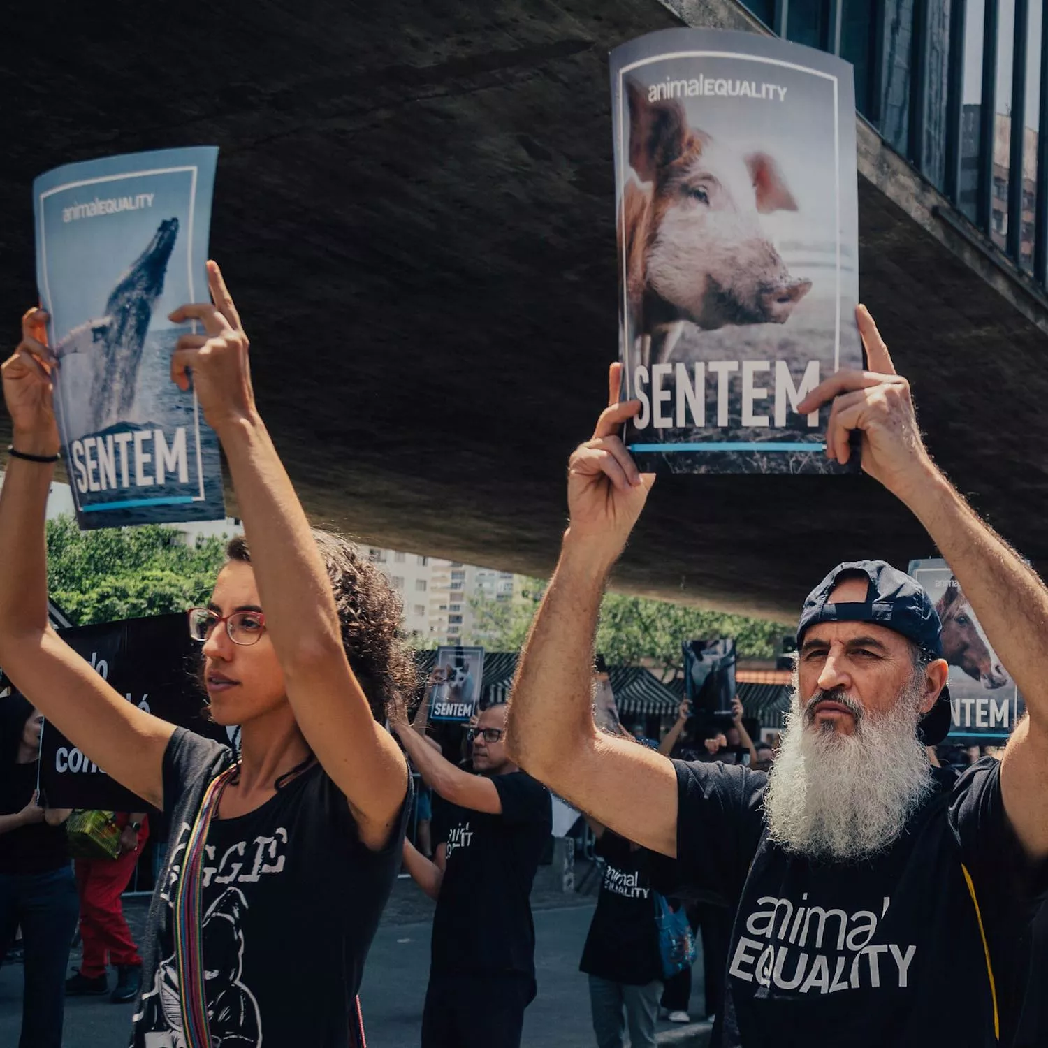 Volunteers with posters during the International Animal Rights Day protest in Brazil