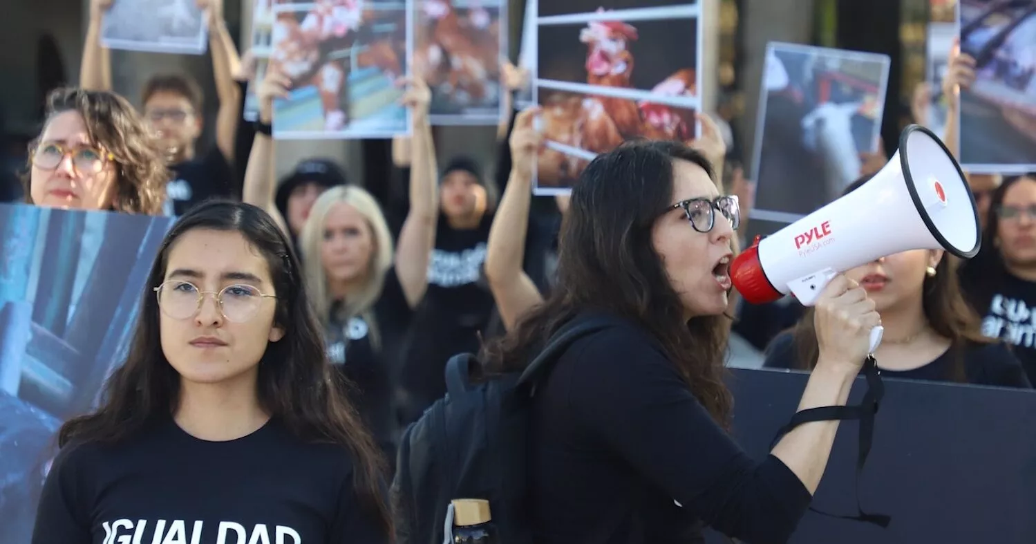 Dulce Ramírez speaking during the International Animal Rights Day protest in Mexico