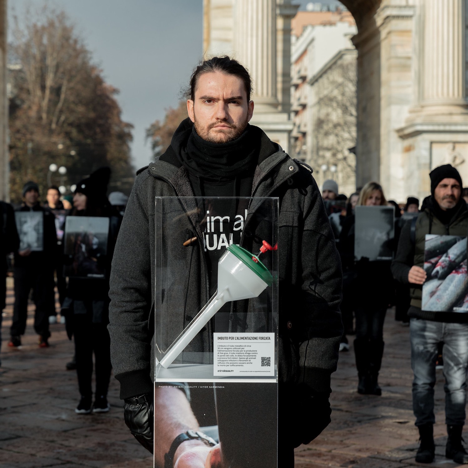 Volunteer looking at the camera during International Animal Rights Day protest in Italy