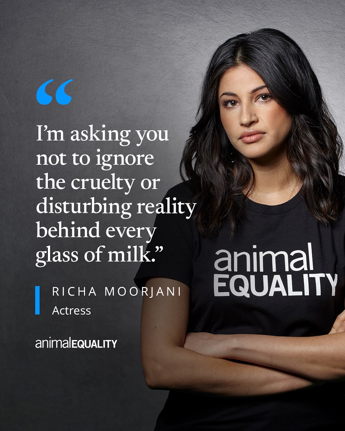 Richa Moorjani with Animal Equality shirt