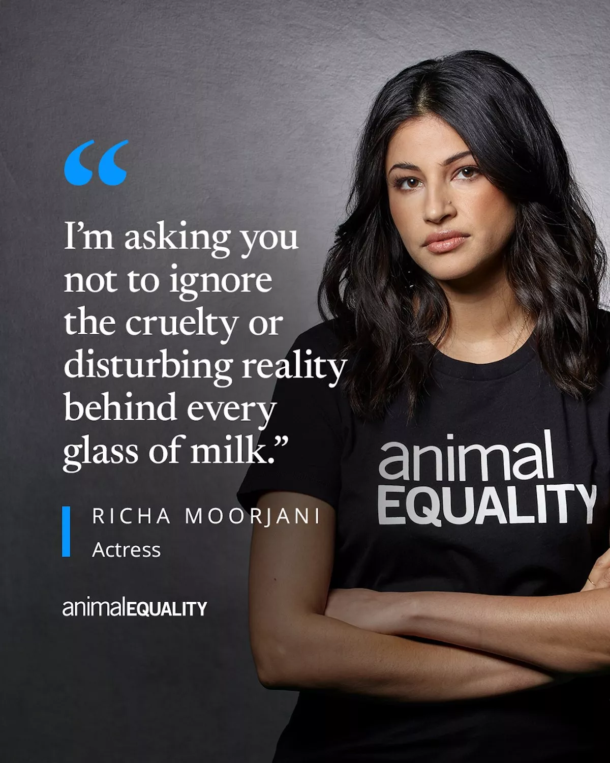 Richa Moorjani with Animal Equality shirt