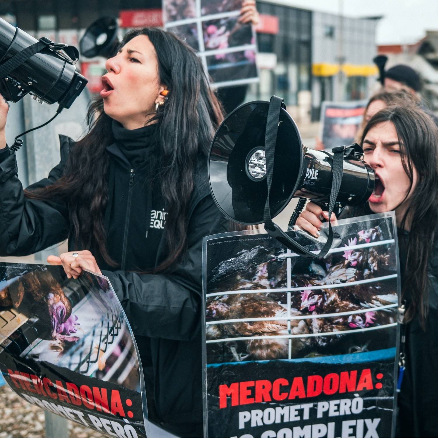 Two activists protest outside Mercadona headquarters in Spain
