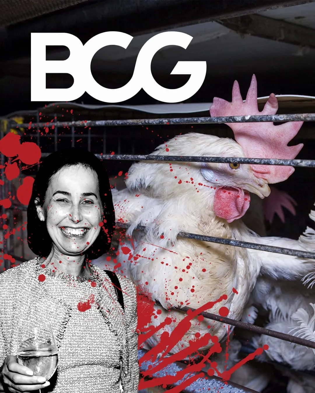 Amanda Sourry next to caged chicken with BCG logo