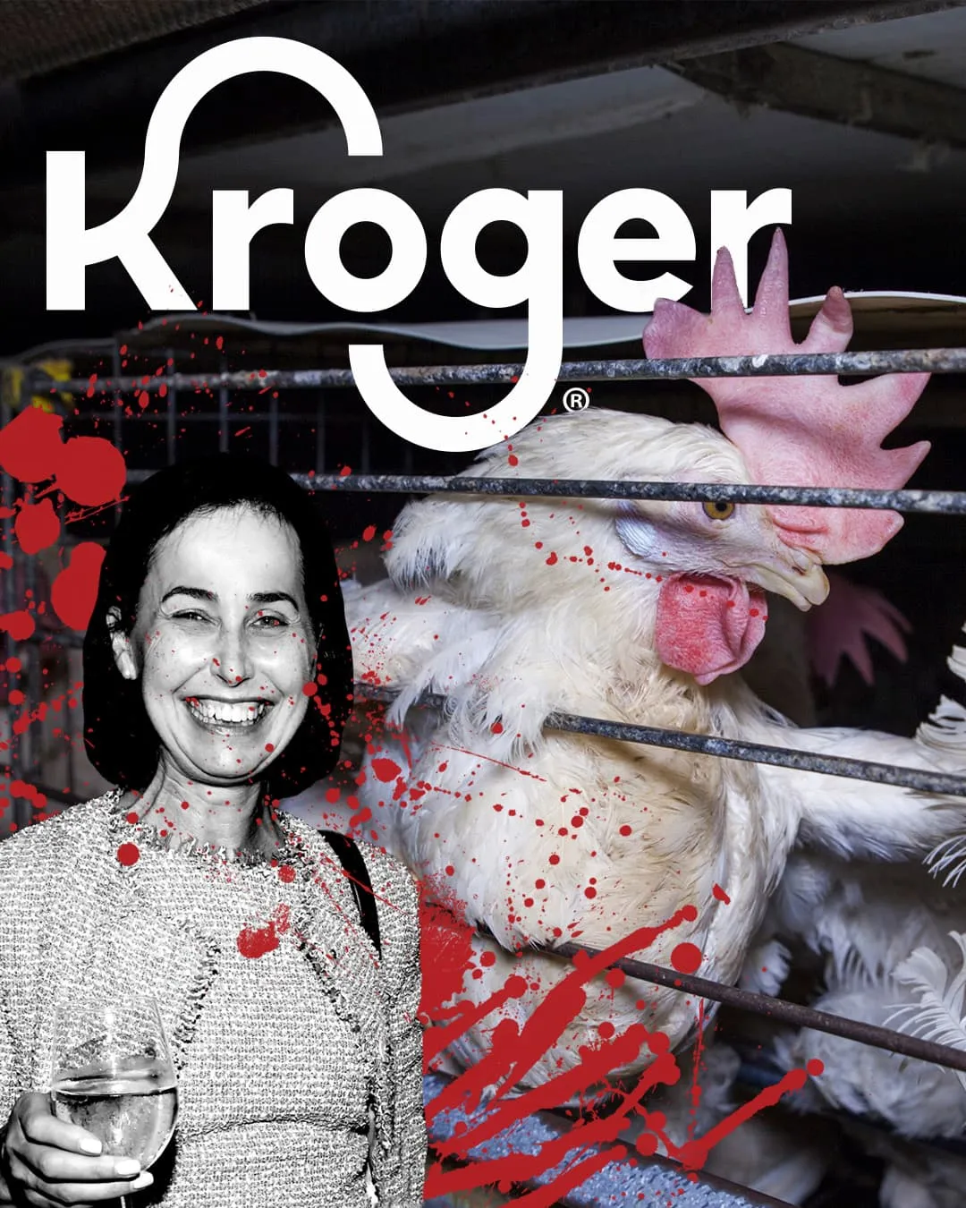 Amanda Sourry next to caged chicken with Kroger logo