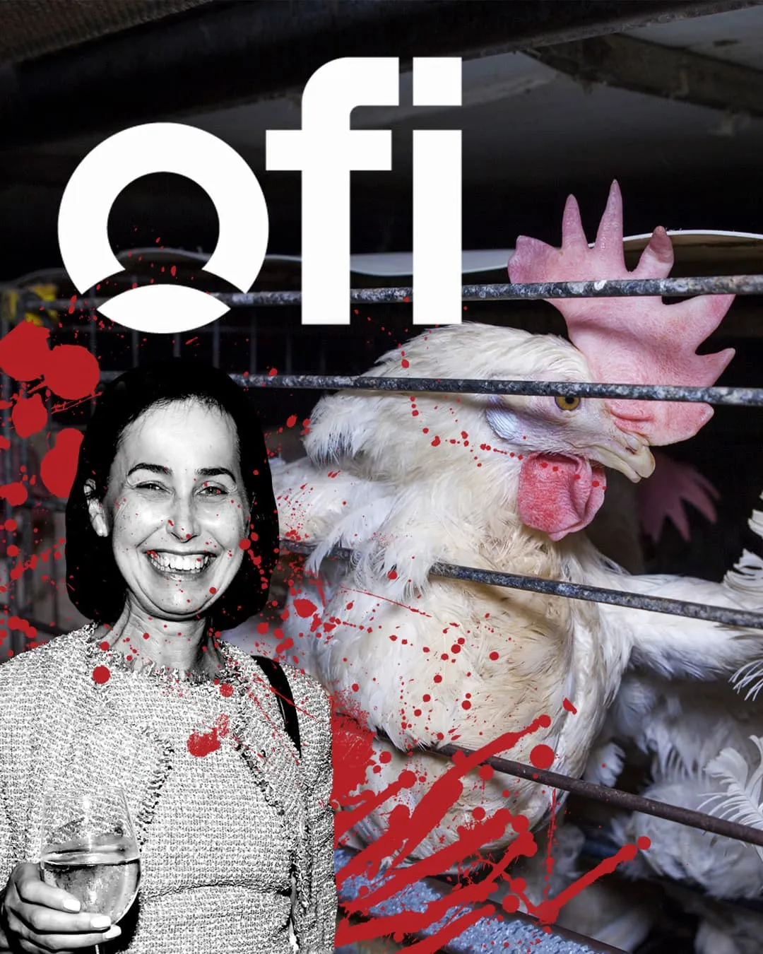 Amanda Sourry next to caged chicken with OFI logo