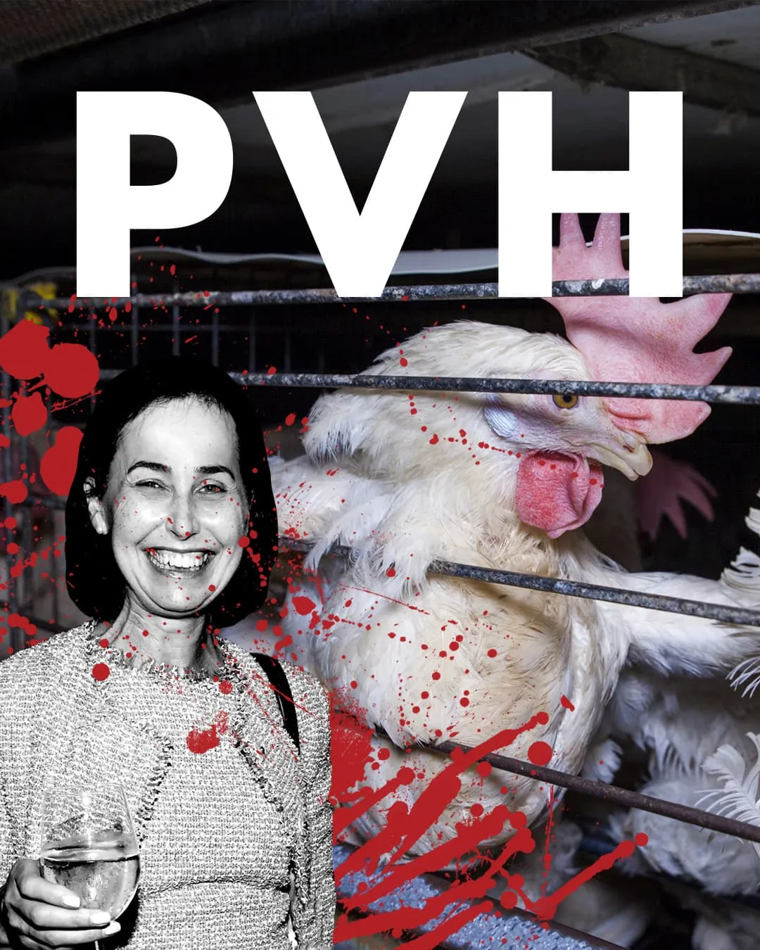 Amanda Sourry next to caged chicken with PVH logo