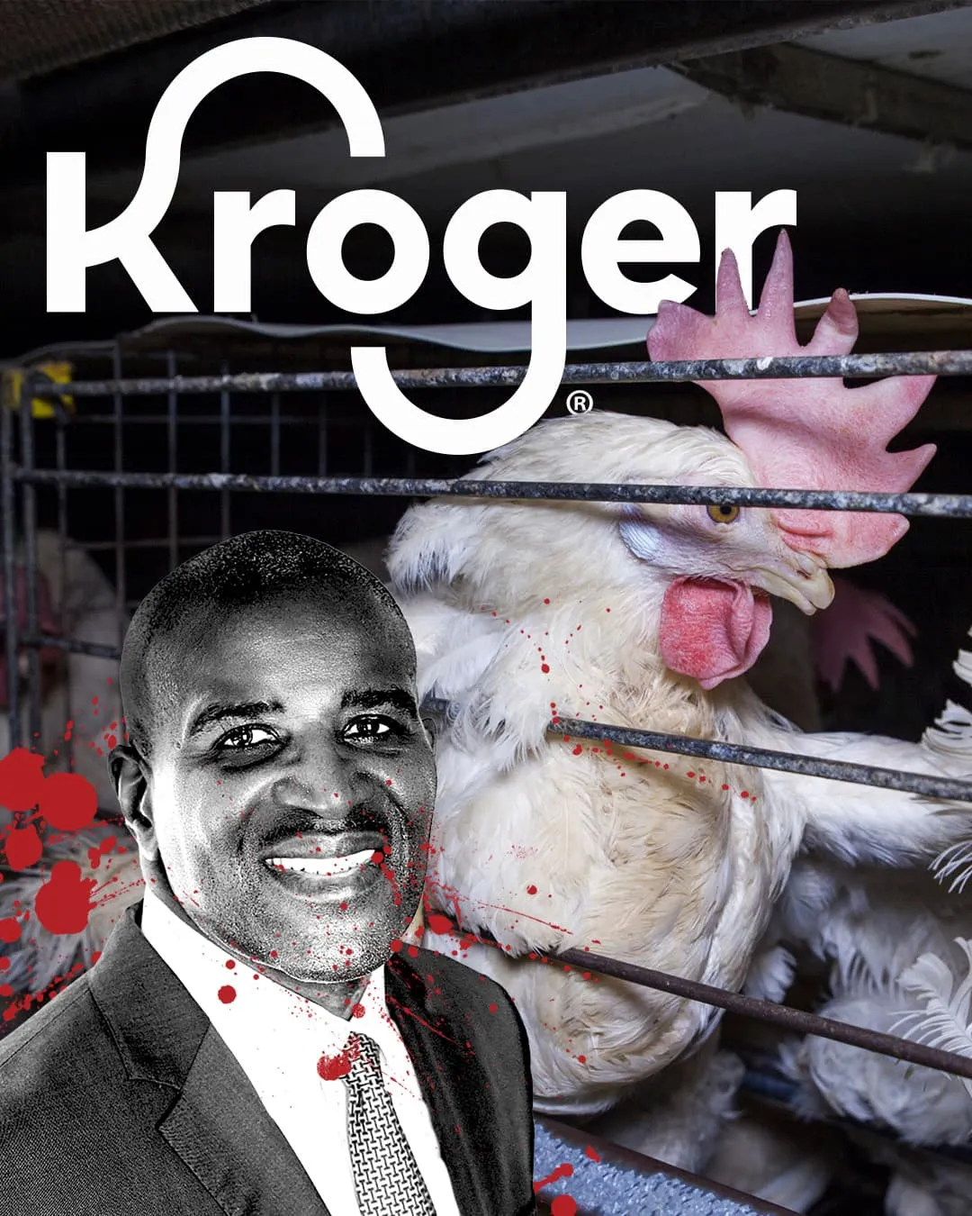 Kevin Brown next to caged chicken with Krogo logo