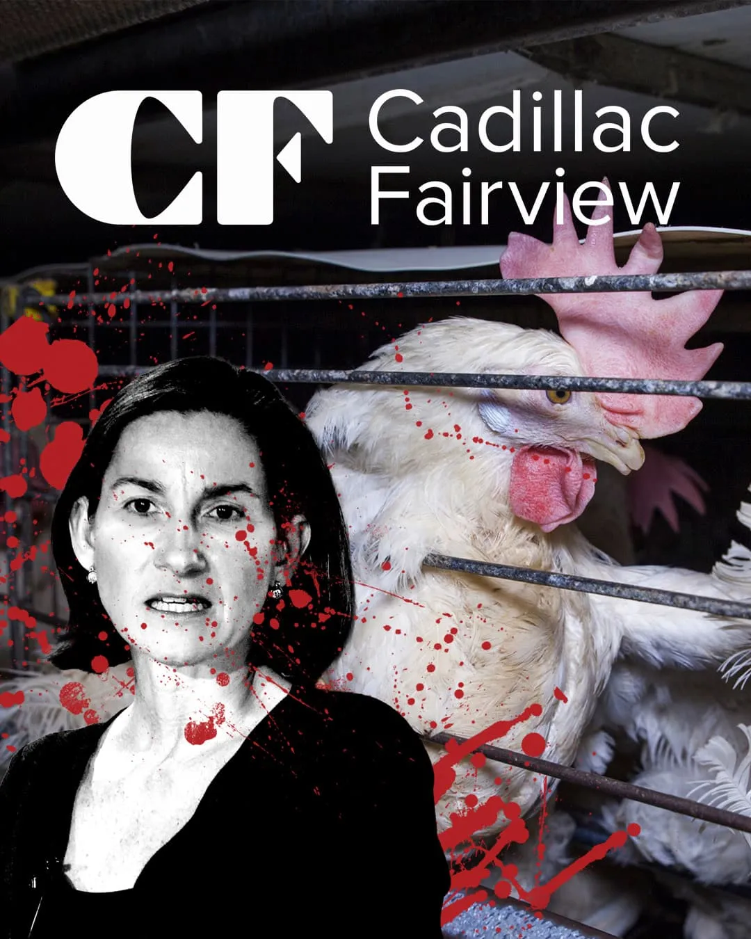 Nora Aufreiter next to caged chicken with Cadillac Fairview logo
