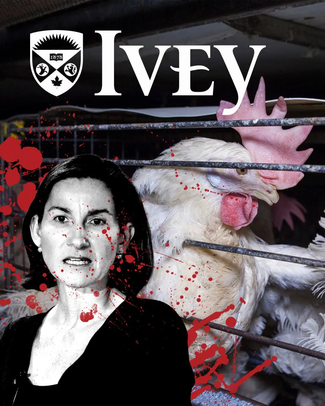 Nora Aufreiter next to caged chicken with Ivey Business School logo