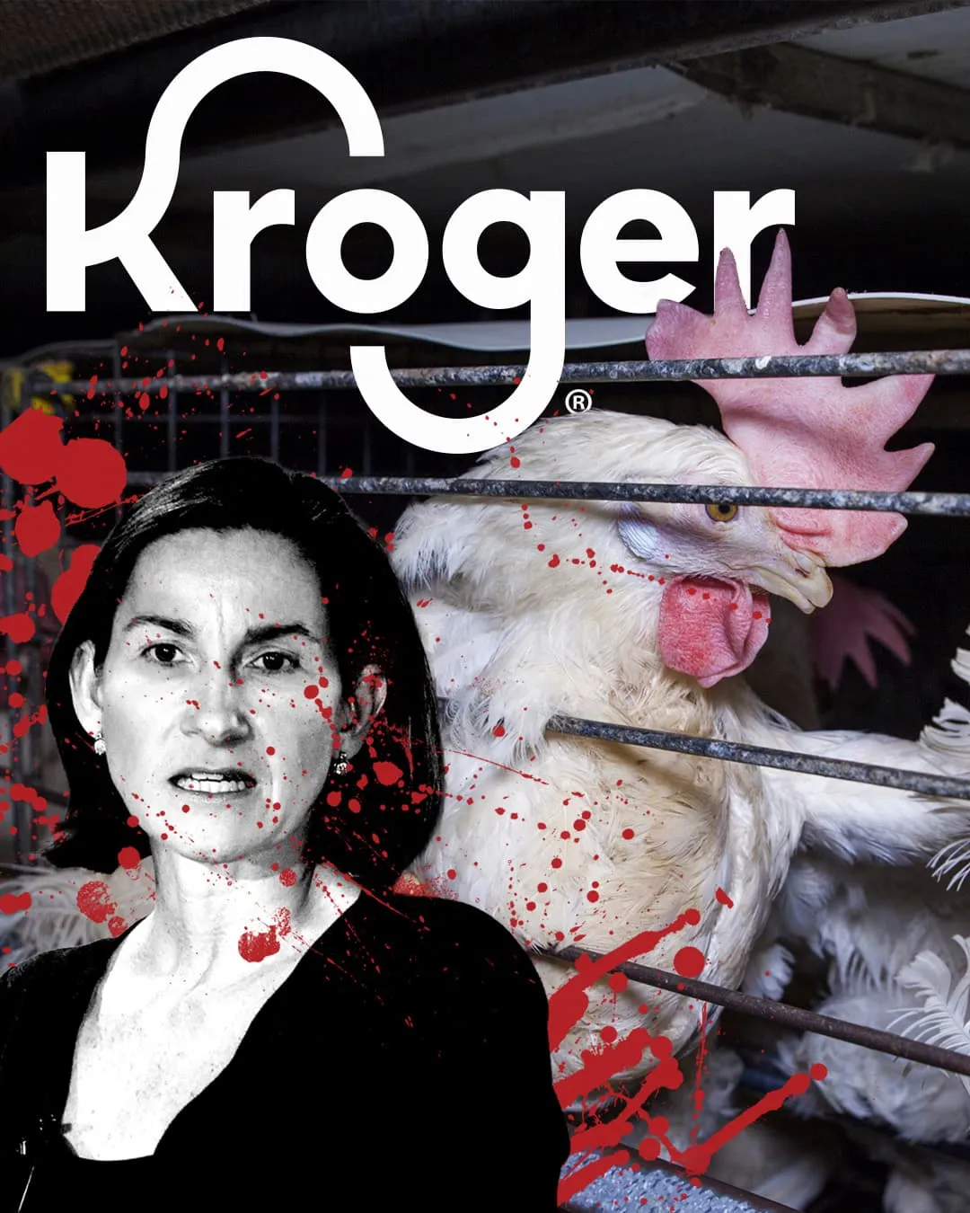 Nora Aufreiter next to caged chicken with Kroger logo