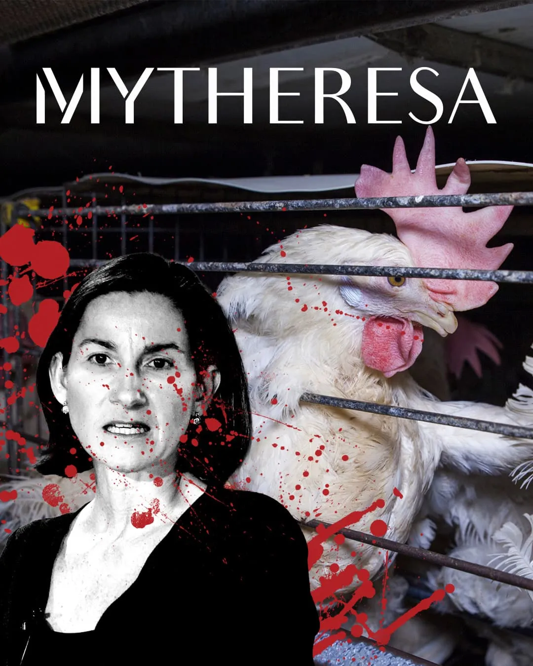 Nora Aufreiter next to caged chicken with Mytheresa logo