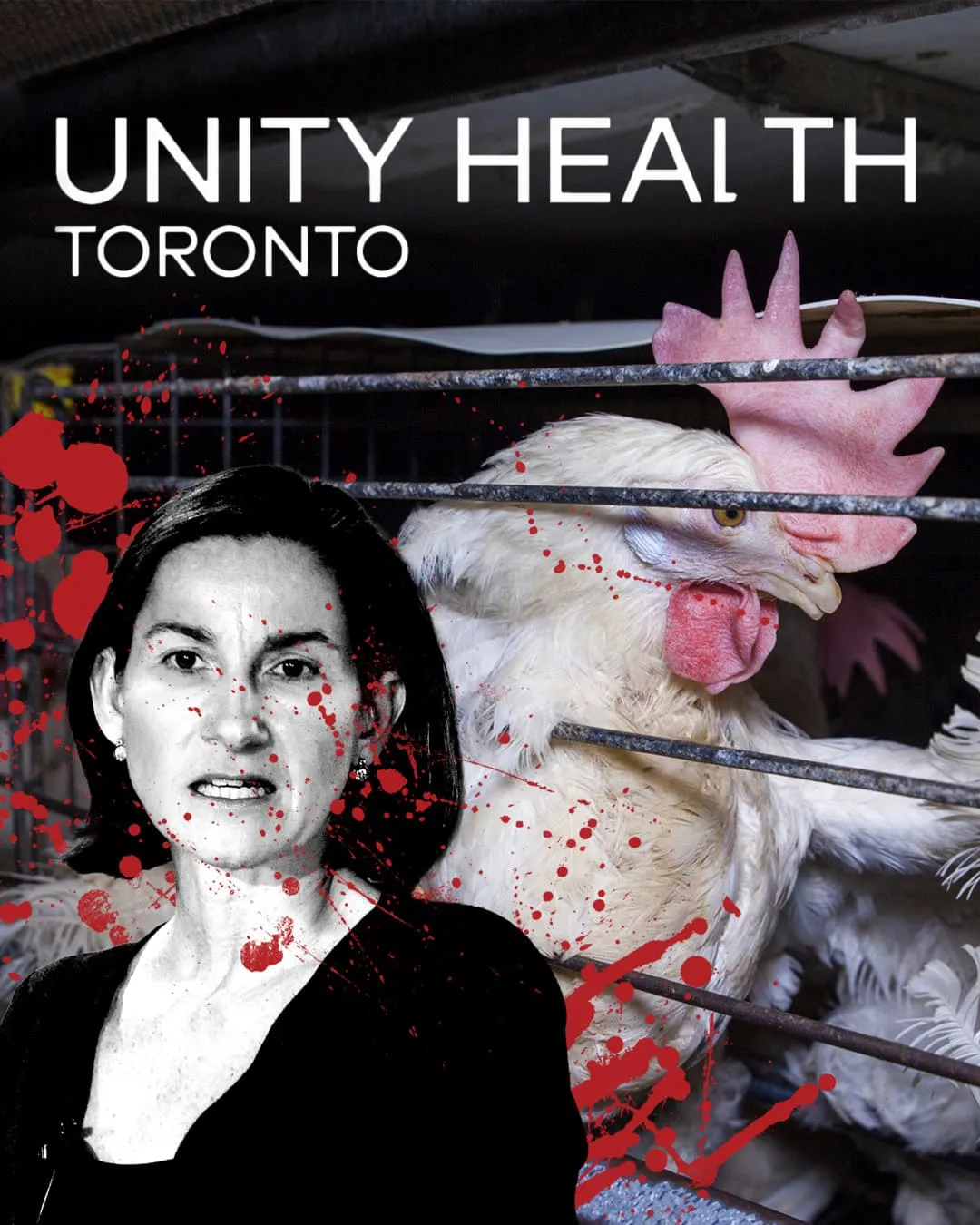 Nora Aufreiter next to caged chicken with Unity Health Toronto logo