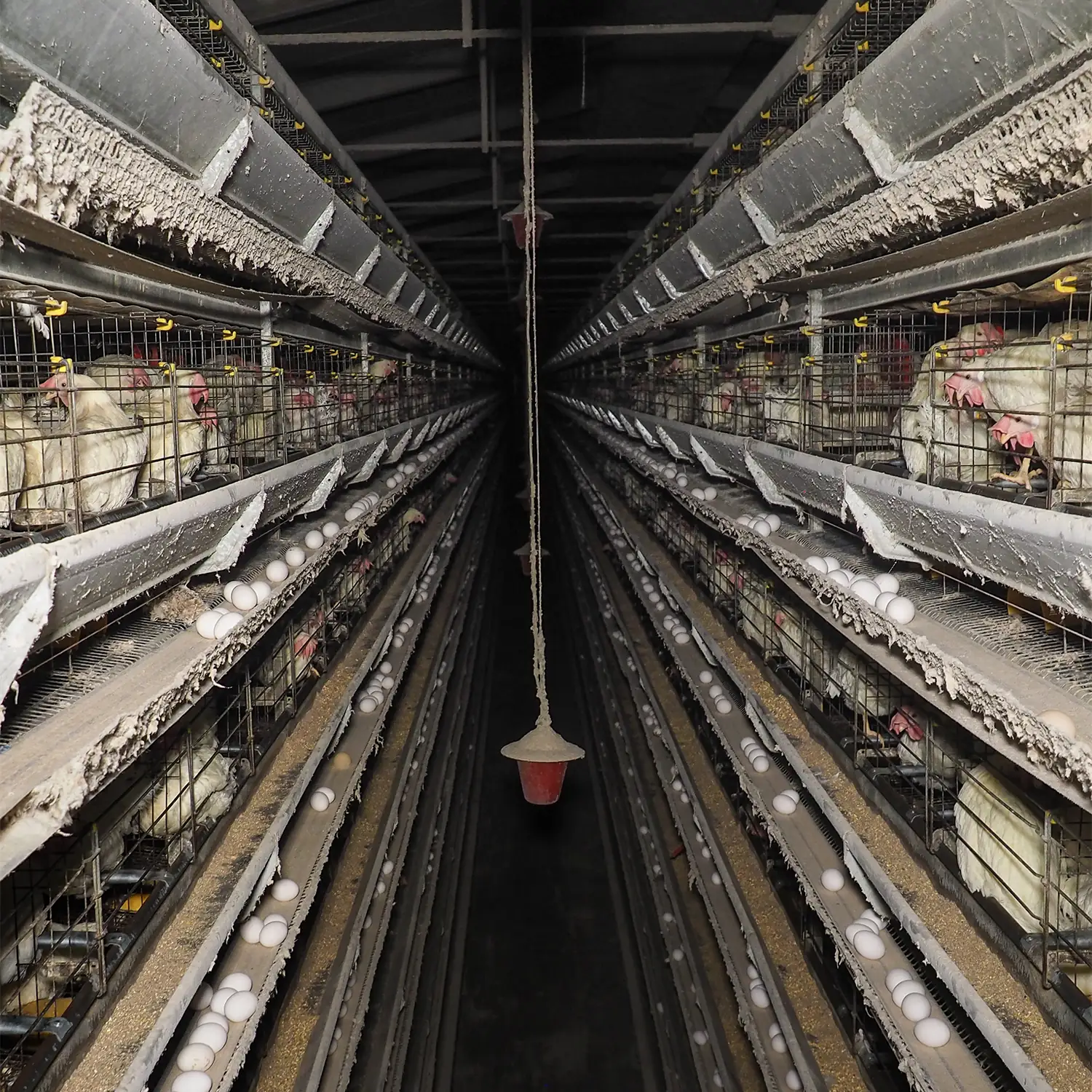 Interior of an industrial egg facility showing two long rows of stacked wire cages housing white hens, with eggs lined up on conveyor trays below.