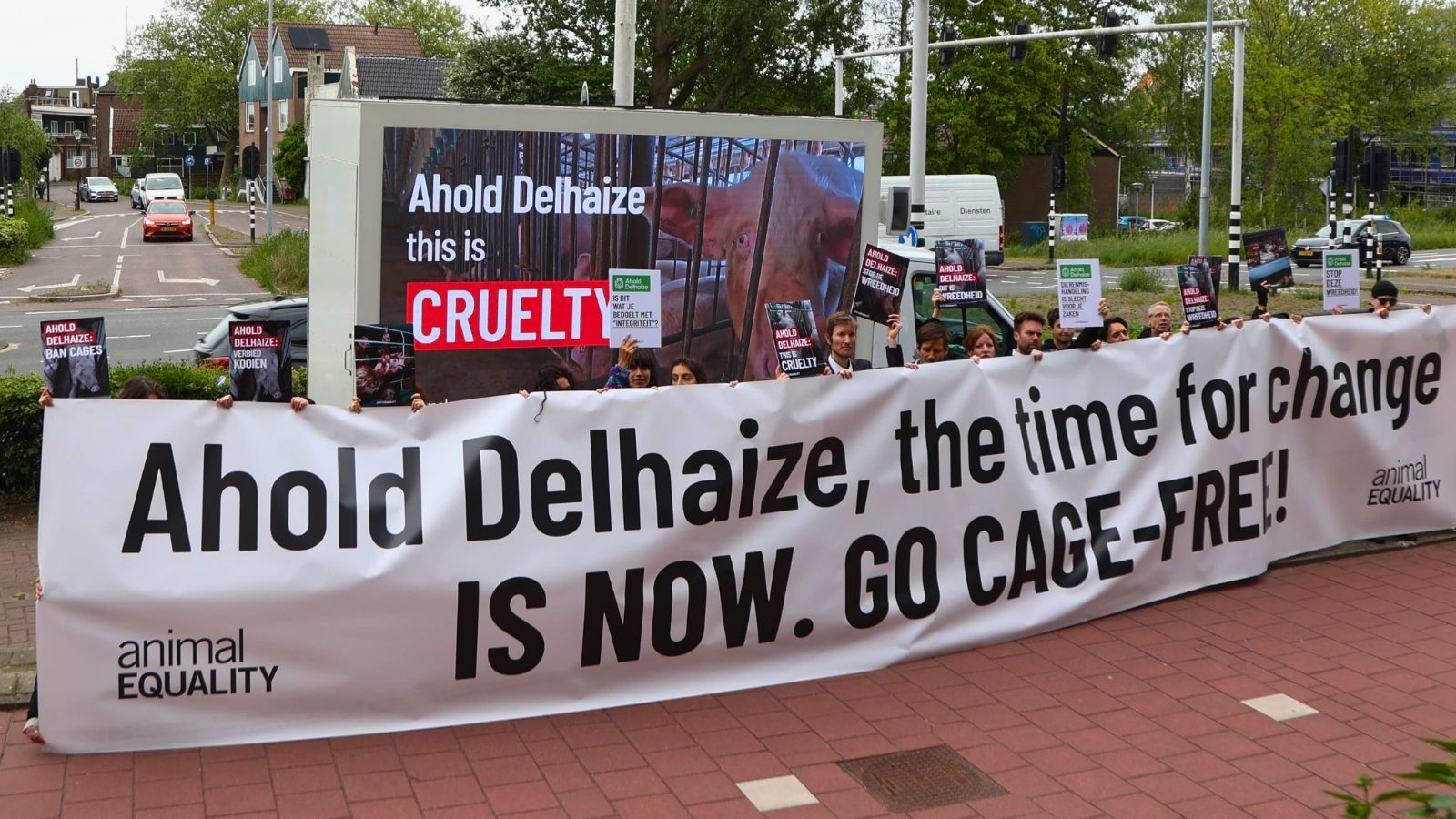 Activists protest outside the Ahold Delhaize headquarters in the Netherlands.