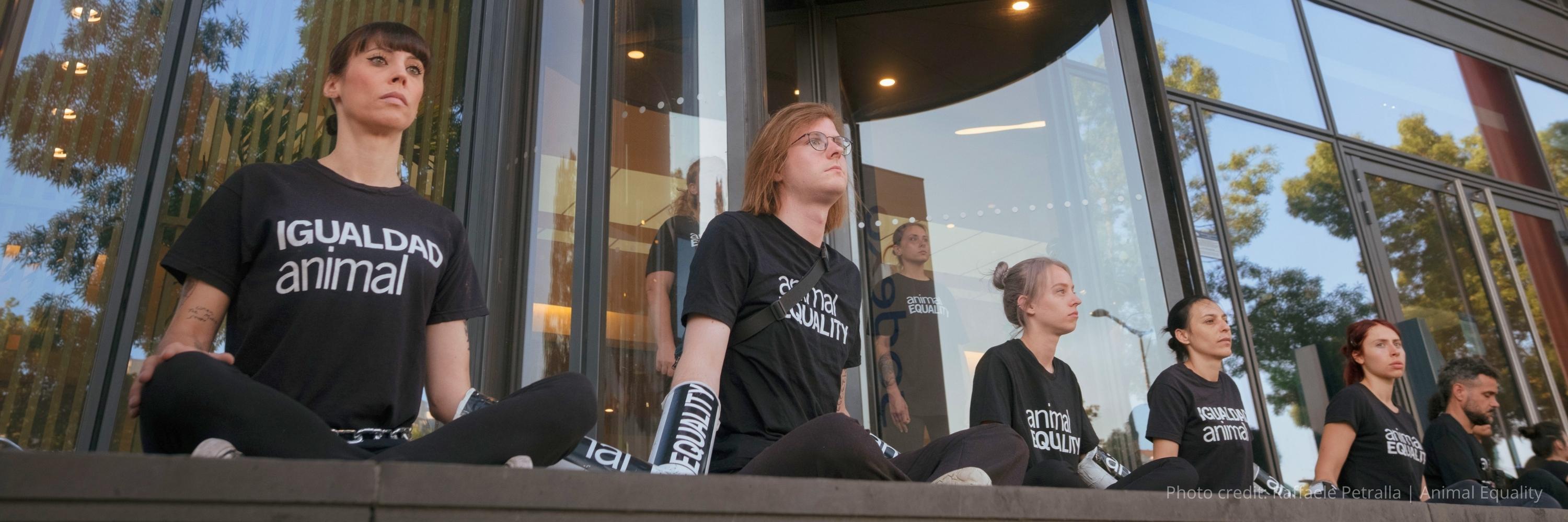 Animal Equality activists chained to Sodexo's headquarters, protesting broken cage-free promise.