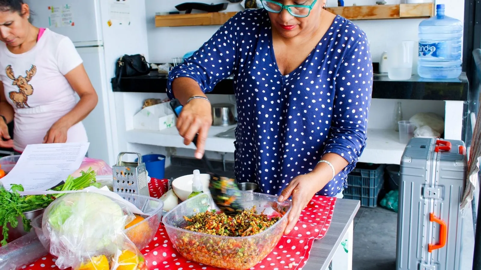 A plant-based recipe being prepared at the Colmenas Mexico cooking workshop.
