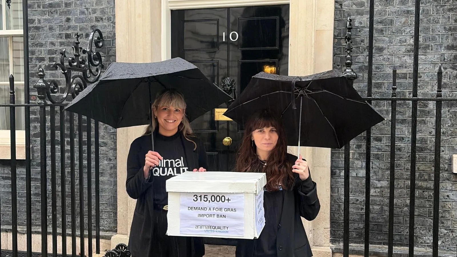 Two activists deliver 315,000+ signatures to the UK Government to ban foie gras imports.
