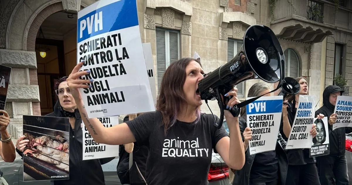 Animal Equality activists protest in Milan, Italy on June 10, 2026, calling on PVH to take a stand against animal abuse.