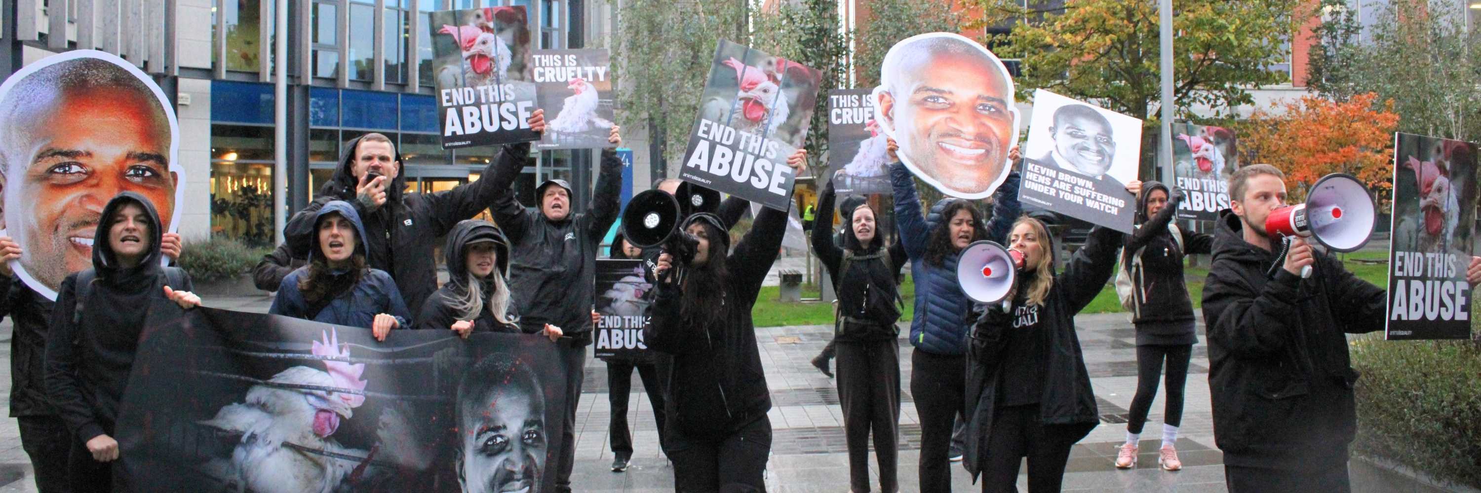 Animal Equality activists protest outside Dell’s Dublin offices on October 15, 2026, calling on the company to cut ties with Kroger board member Kevin Brown.