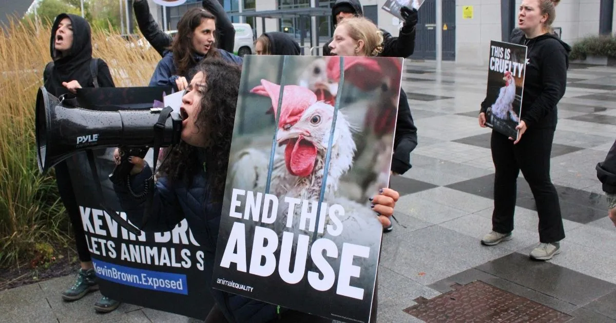 Animal Equality activists protest outside Dell’s Dublin offices on October 15, 2026, calling on the company to cut ties with Kroger board member Kevin Brown.
