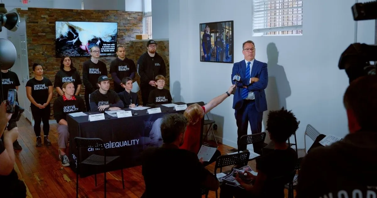 Animal Equality holds press conference following arrest of nine activists at Kroger protest 3 An Animal Equality lawyer speaks at a press conference in Cincinnati, Ohio on September 24, 2026, following the arrest of nine activists outside Kroger's headquarters.