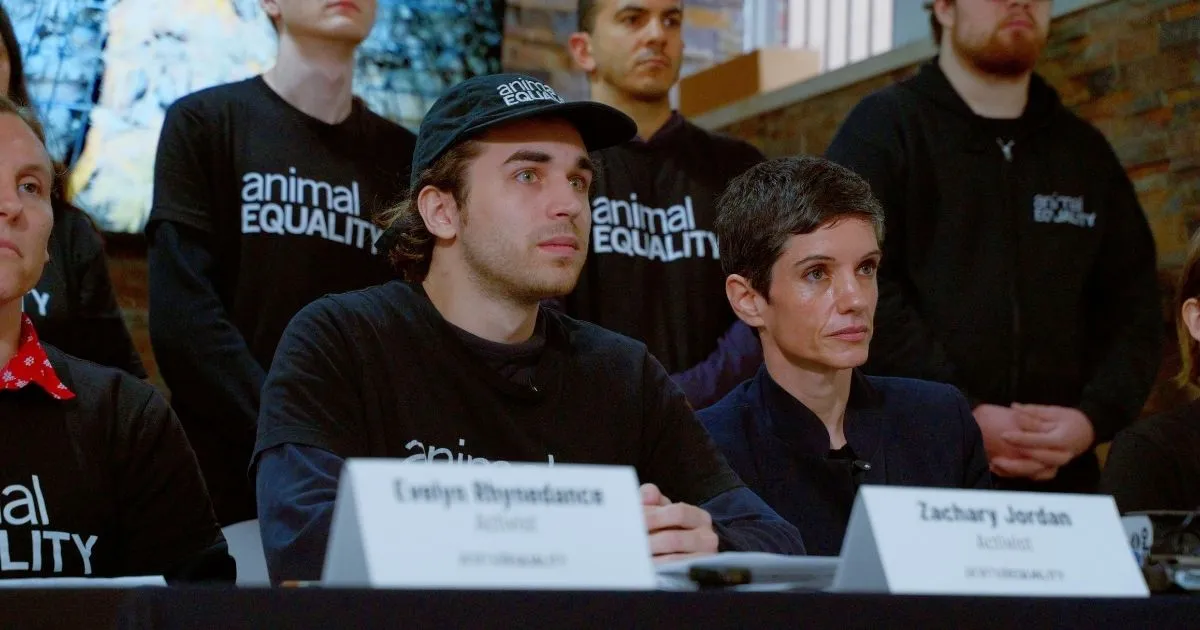 Animal Equality holds press conference following arrest of nine activists at Kroger protest 2 Zachary Jordan, an Animal Equality activist who was arrested outside Kroger's Cincinnati headquarters on September 23, sits alongside Animal Equality President Sharon Núñez.