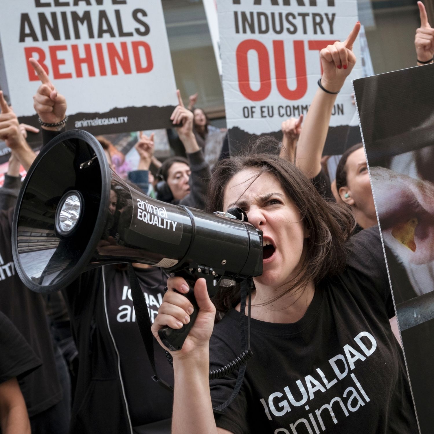An Animal Equality activist speaks into a megaphone during a protest outside the European Commission in Brussels, Belgium.