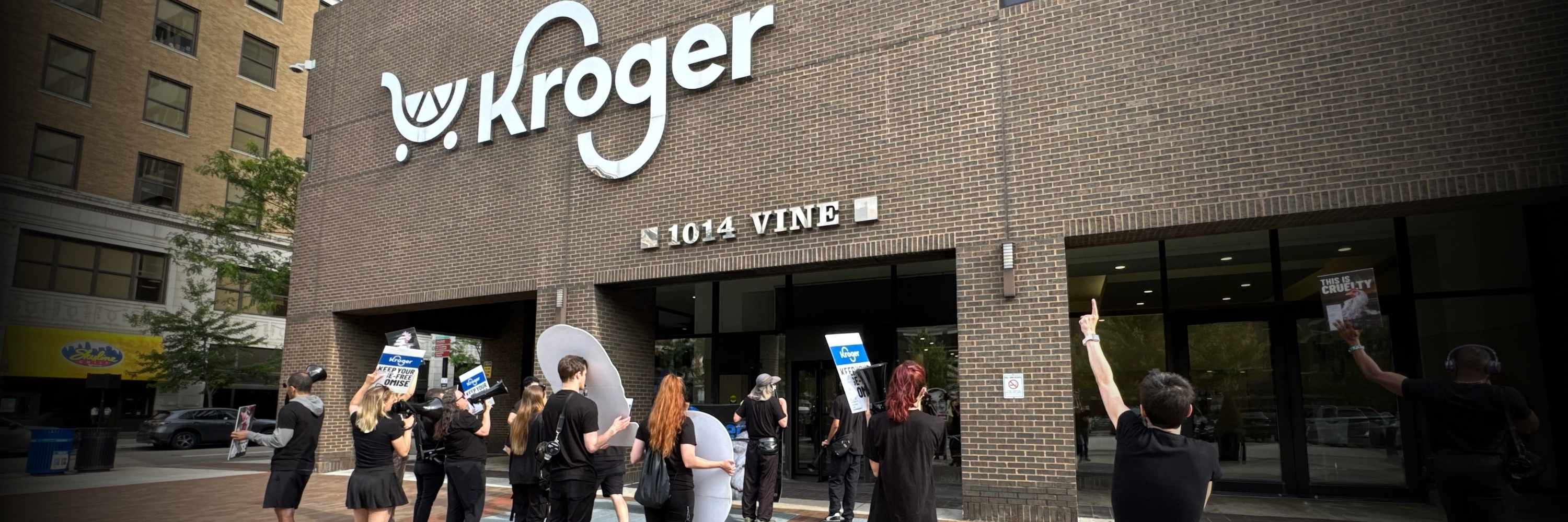 Animal Equality activists protest outside Kroger's Cincinnati headquarters on May 26, 2026.