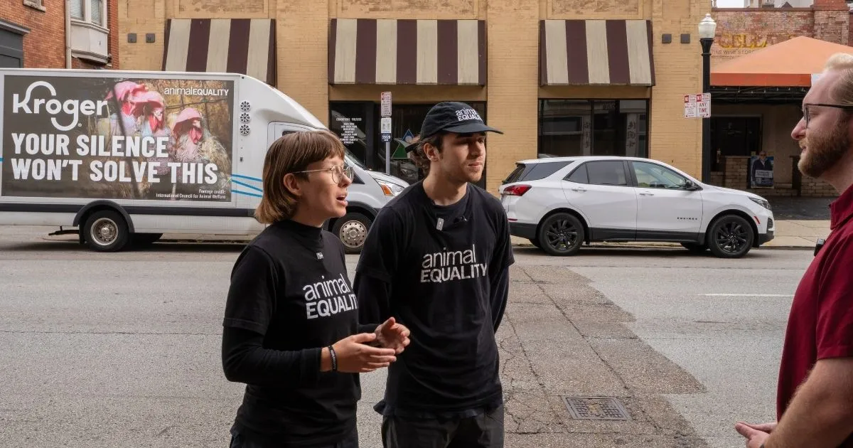 Animal Equality holds press conference following arrest of nine activists at Kroger protest 1 Animal Equality activists Ruby Kincannon and Zachary Jordan are interviewed by WCPO 9 News outside Animal Equality's new Cincinnati office on September 24, 2026.