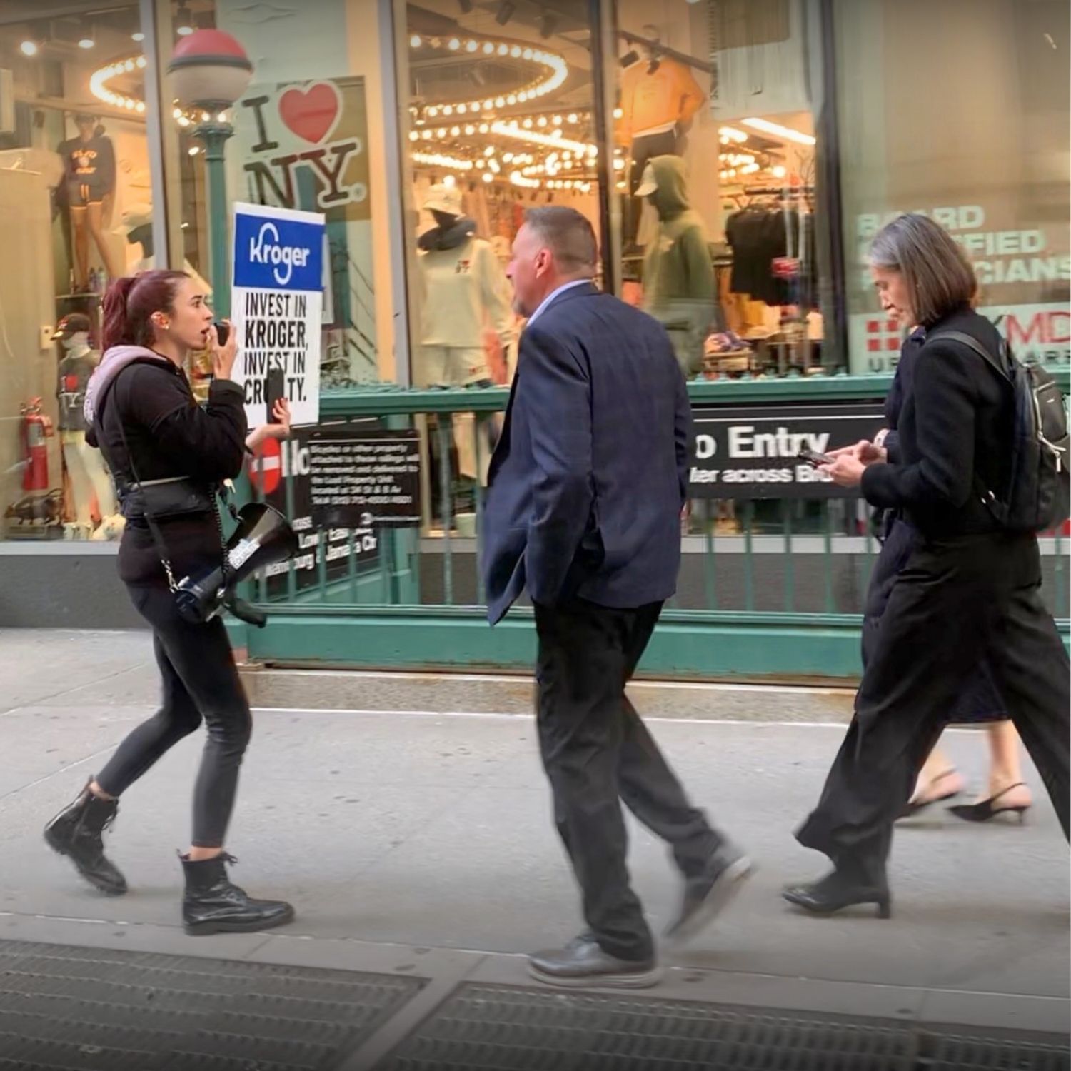 Animal Equality activist confronts Kroger board member Nora Aufreiter on the streets of New York City outside the New York Stock Exchange on October 20, 2026.