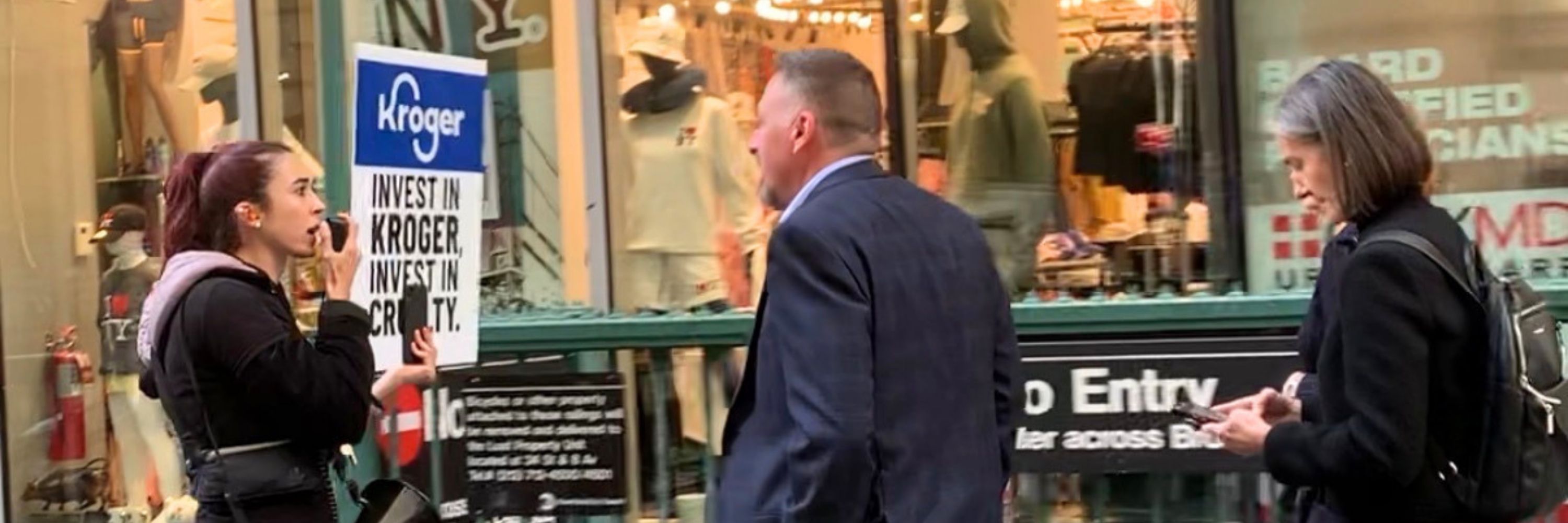 Animal Equality activist confronts Kroger board member Nora Aufreiter on the streets of New York City outside the New York Stock Exchange on October 20, 2026.